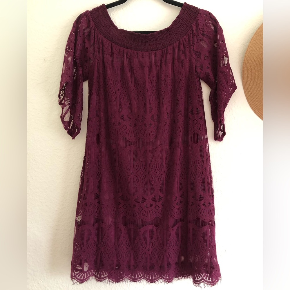 Trixxie Burgundy Mini Dress with Lining & Lace Overlay, Size L (10/12) - Picture 6 of 7
